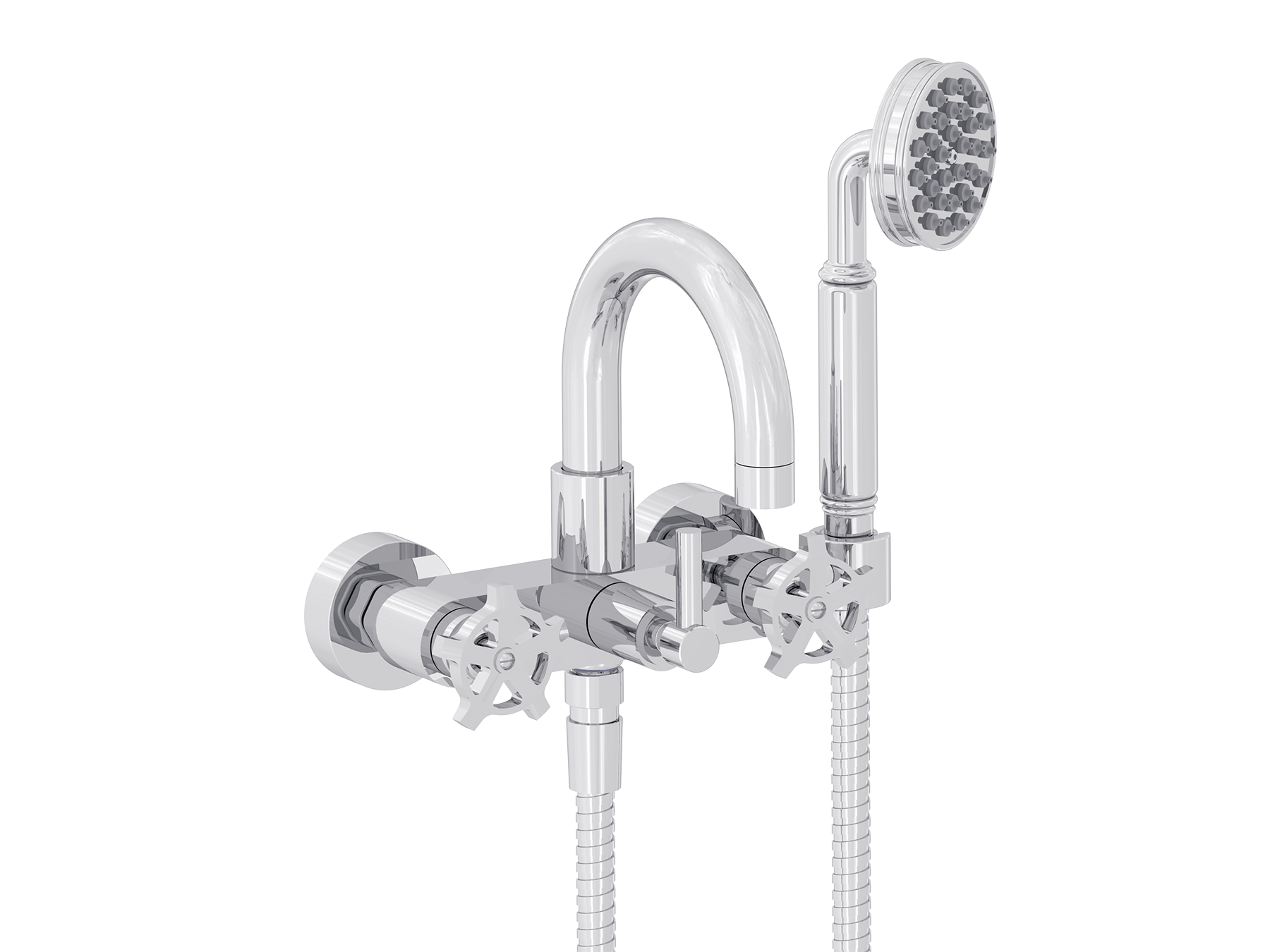 Wall-mounted bath mixer with flexible, handshower and holder